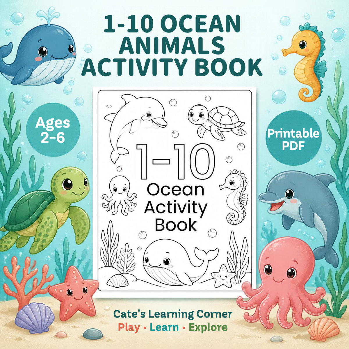 Ocean Animals Numbers 1–10 Workbook (Ages 2+)