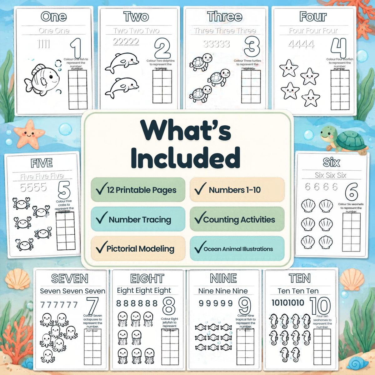 Ocean Animals Numbers 1–10 Workbook (Ages 2+)