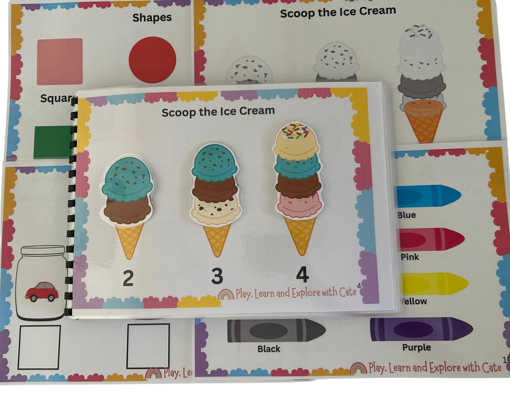 Printed and assembled children's busy book showing Scoop the Ice Cream counting activity, colours recognition pages, and spiral binding — by Play, Learn and Explore with Cate