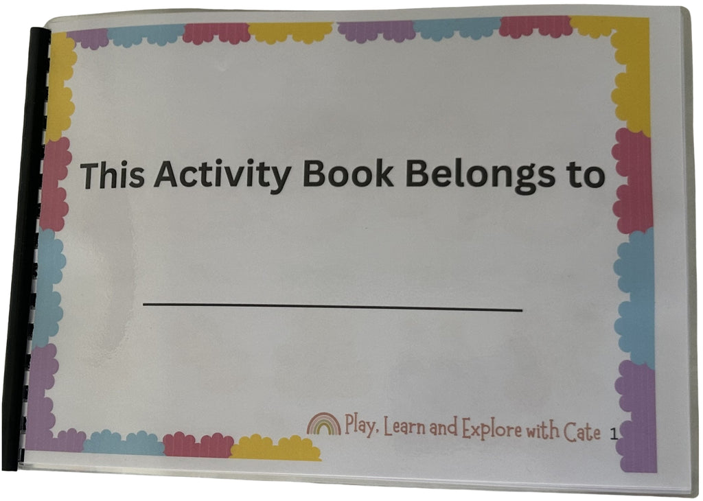 Printable children's activity book cover page reading 'This Activity Book Belongs to' with colourful scalloped border — by Play, Learn and Explore with Cate